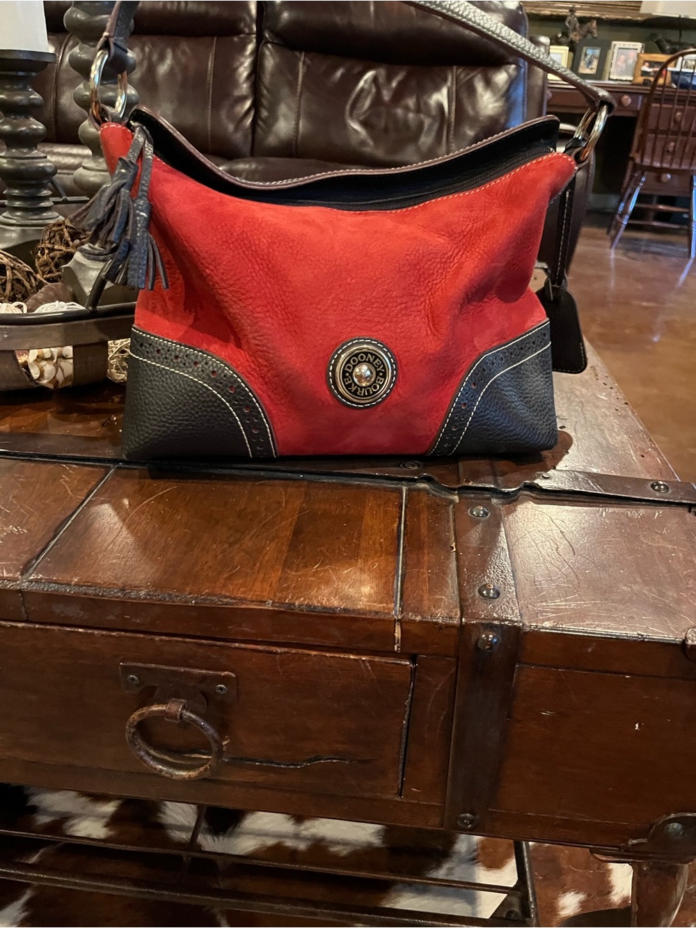 Dooney & Bourke Red and Black Leather Shoulder Bag with Tassel Accent